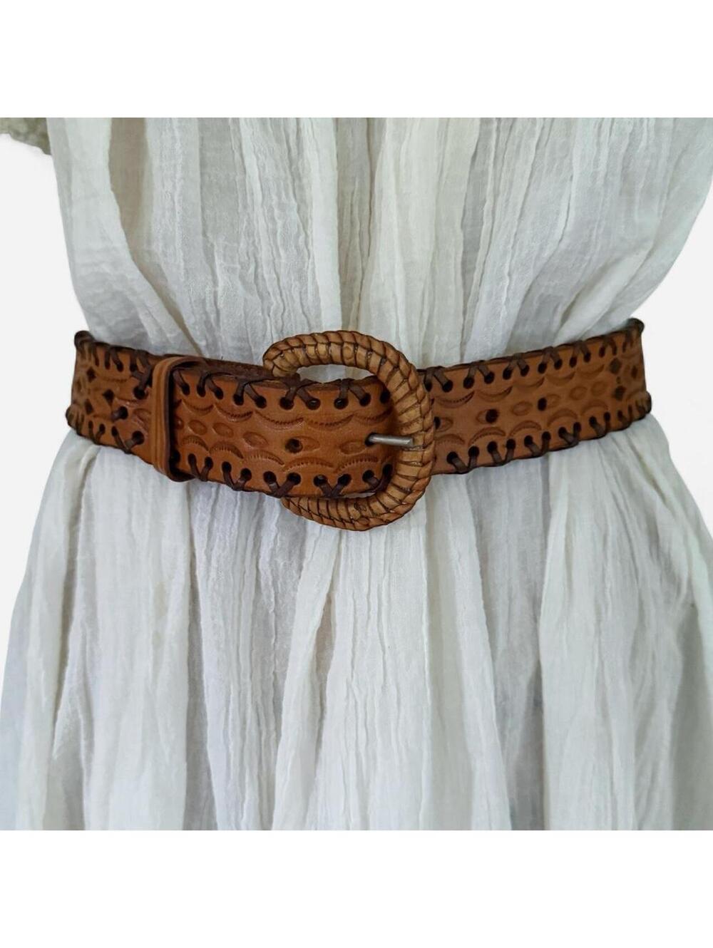Genuine Leather Tooled Brown Ring Buckle Vintage Belt Size 34